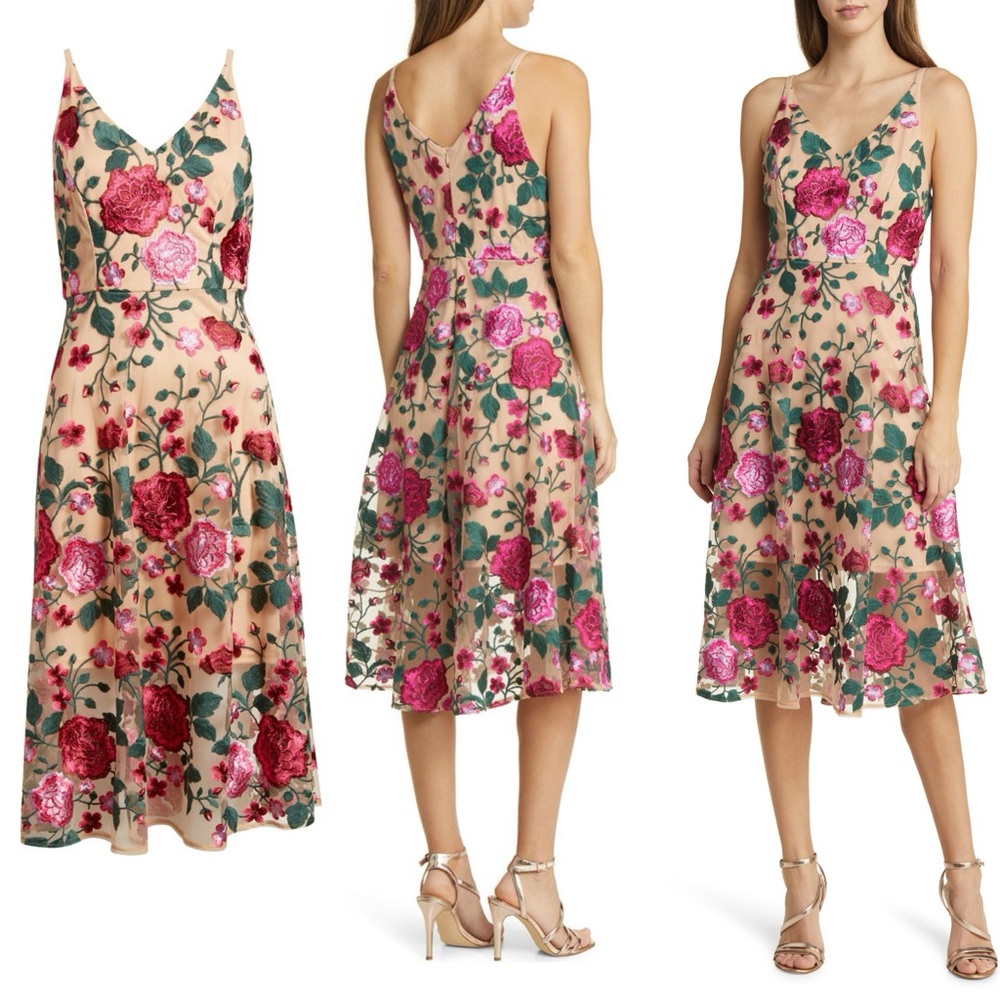 New V-neck mesh embroidered floral Midi Dress size 8